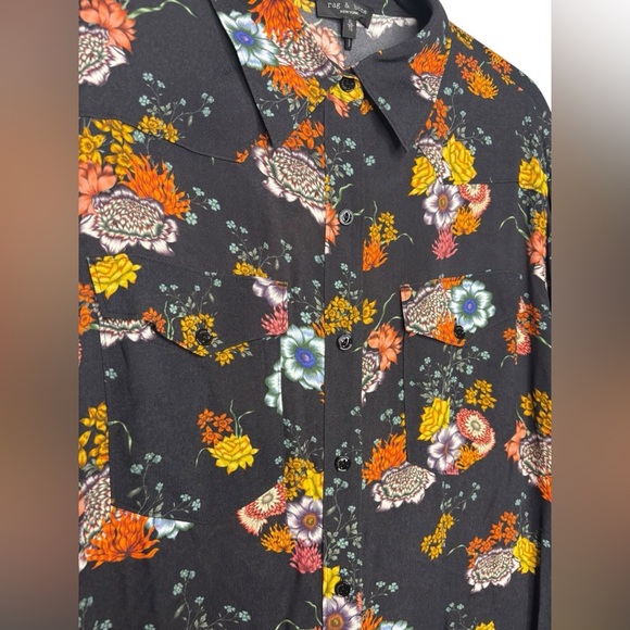 rag & bone Farren Floral Long Sleeve Button-Up Top in Black Floral Size XL - Picture 4 of 13